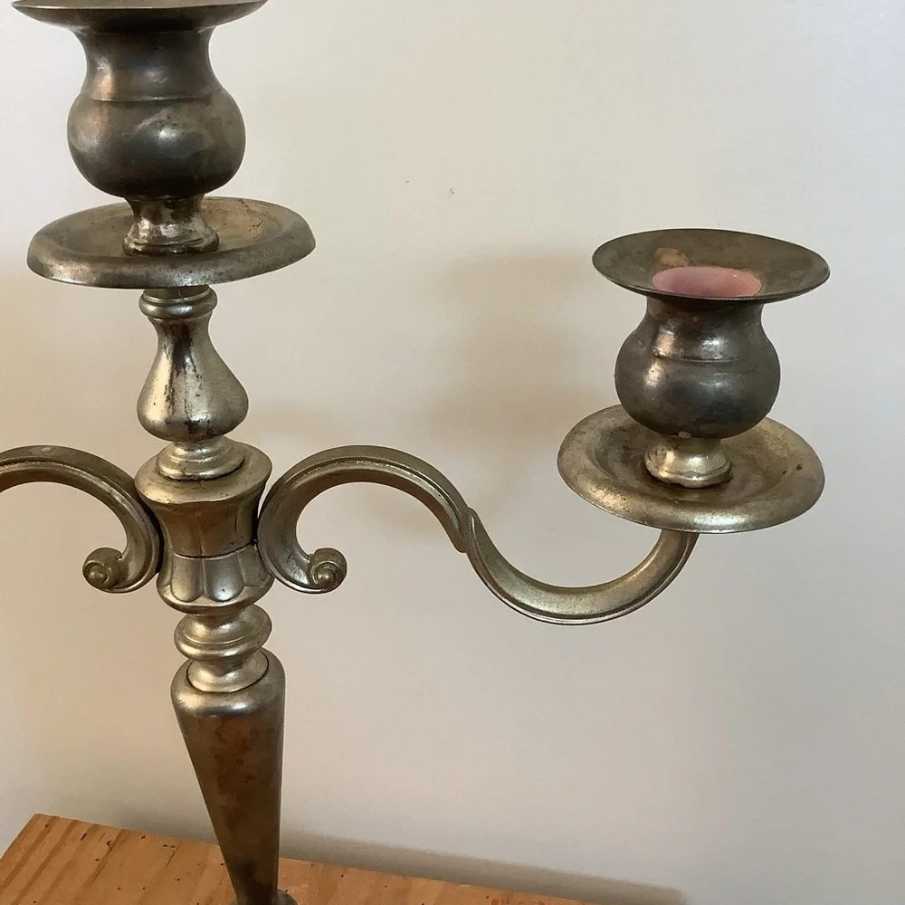 Vintage Antique Large 3 Arm Silvertone Brass Candelabra Candle Stick Ornate